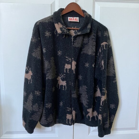 Vintage MIC Fleece Cardigan Womens Black Faux Fur Zip Holiday Reindeer Xmas - Picture 7 of 9